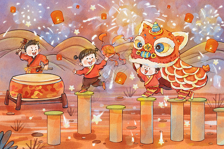 中国风元宵节背景手绘水彩之非遗之舞狮子打鼓烟花喜庆插画插画