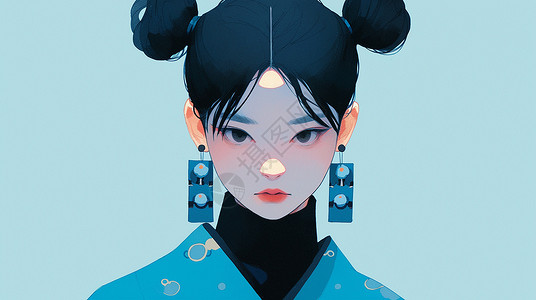 蓝色长方形光效戴着长方形耳坠穿着蓝色复古外套的扁平风卡通女孩插画