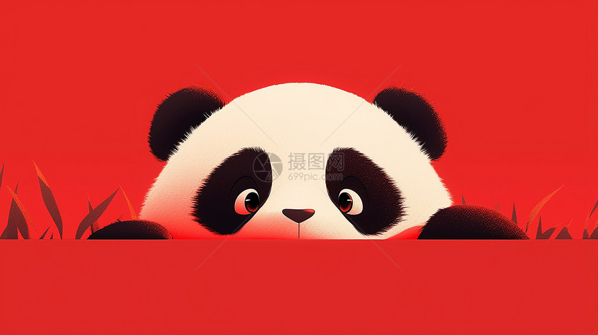 躲在红墙后面的可爱卡通大熊猫图片