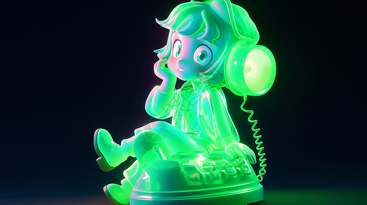 绿色发射光荧光绿色可爱的卡通小女孩坐在电话机上插画