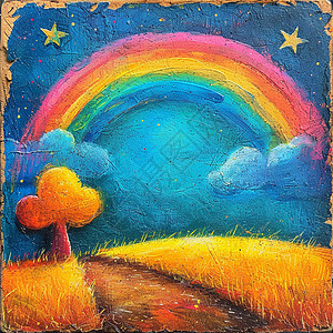 金黄色小树金黄色的草地上一棵小树天空上一抹彩虹风景插画