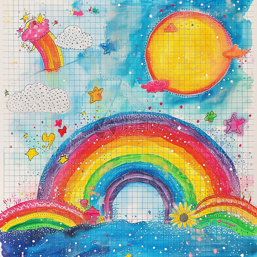 漂亮的彩虹与太阳唯美卡通儿童画图片