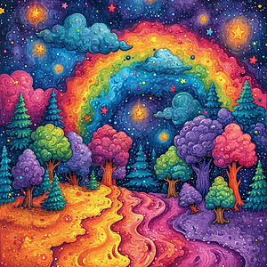 彩色抽象装饰画彩色梦幻的森林深处一条美丽的卡通彩虹唯美抽象风景画插画