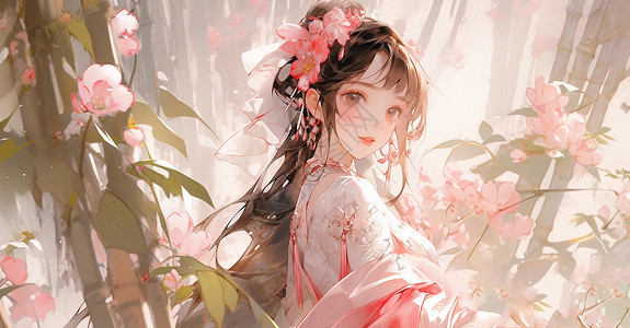 戴粉色花朵在赏花的古风装扮卡通女孩高清图片