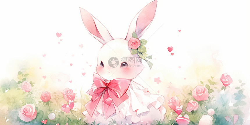 系着大大的蝴蝶结的可爱卡通小白兔站在花丛中图片
