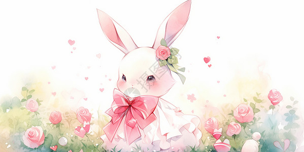 系着大大的蝴蝶结的可爱卡通小白兔站在花丛中背景图片