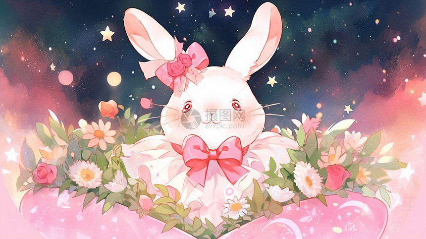 在花束中开心笑可爱的卡通小白兔图片