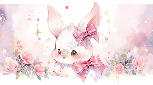 卡通童话风小屋耳朵上有大大的粉色蝴蝶结的可爱卡通小白兔插画