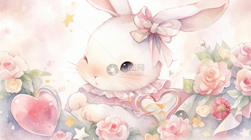 小清新可爱的卡通小白兔在花丛中图片