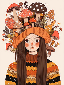 卡通森系头上戴着蘑菇帽子的森系小清新卡通女孩插画