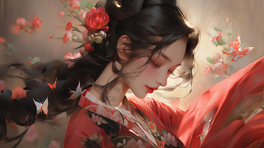 春节服装头戴红色小花穿着喜庆的古风服装跳舞的卡通女人插画