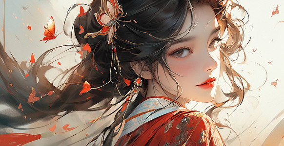 女性新年人物形象穿着红色喜庆的古风服装回头看的古风卡通美女插画