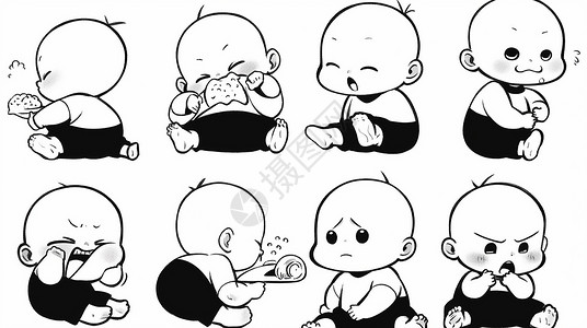 婴儿裤子穿着黑色裤子的可爱卡通婴儿各种动作与表情插画