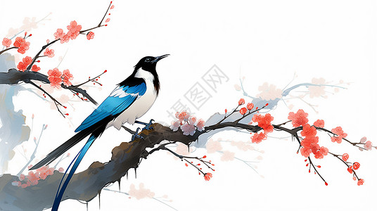 站在红梅树上的可爱卡通喜鹊鸟背景图片
