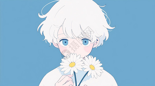 蓝色雏菊白色短发卡通小男孩手拿着两朵小花插画