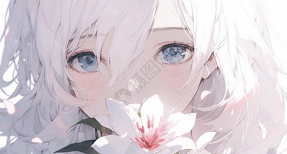 白色长发蓝色大眼睛漂亮的卡通女孩与盛开的小花插画
