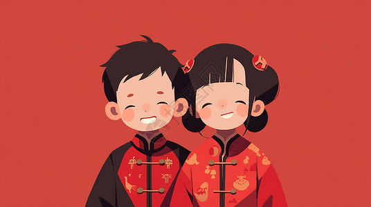 穿着喜庆的古风服装开心笑的卡通男孩女孩扁平风插画背景图片