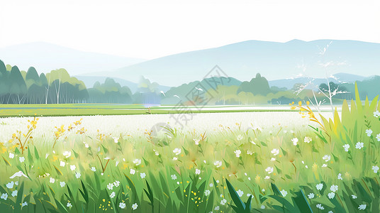 春天的田野春天唯美漂亮的卡通风景草地上点缀着小小的花朵插画