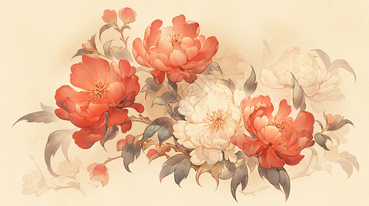 一簇中国风复古漂亮的卡通牡丹花背景图片