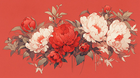 喜庆的红色背景与华丽的牡丹花簇卡通插画背景图片