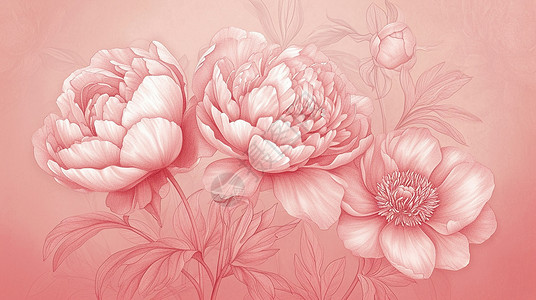 美丽的红牡丹淡粉色华丽的卡通牡丹花卡通背景插画