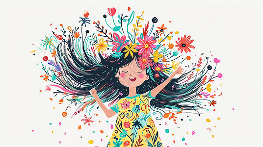卡通小女孩跳舞满头花朵开心跳舞的卡通小女孩插画