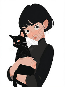 穿着黑色高龄衣服时尚的卡通女孩抱着一只小黑猫插画