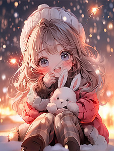 喜庆的新年夜晚抱着玩具坐在地上欣赏烟花的可爱卡通小女孩背景图片