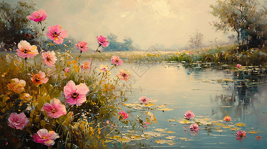 河畔开着很多粉色小花的唯美油画风景画插画