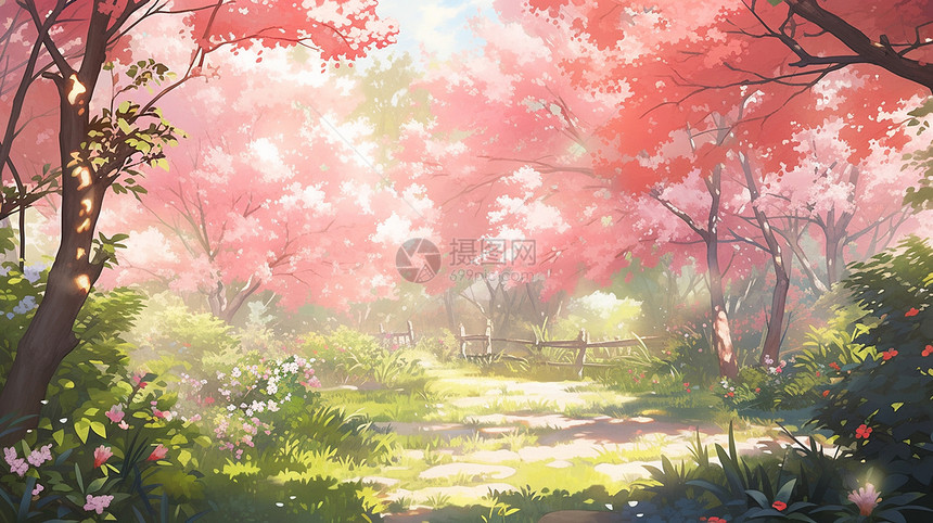 春天盛开粉色花朵树林与草地唯美卡通风景画图片
