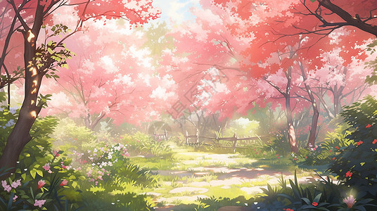 写生女孩春天盛开粉色花朵树林与草地唯美卡通风景画插画