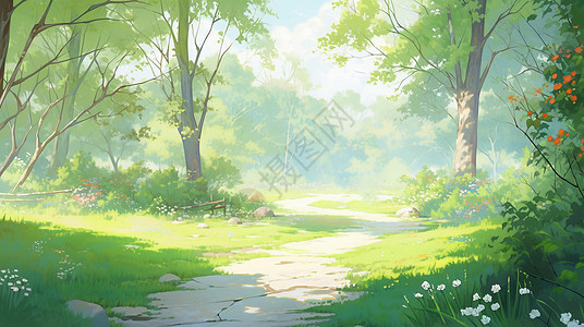 深林女孩春天嫩绿色的森林中的乡间小路插画