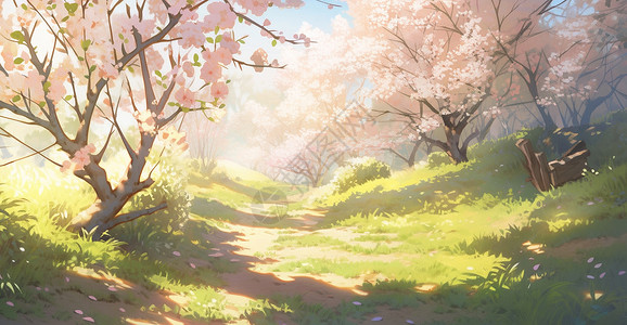 山坡上桃花树开满了花朵唯美卡通风景插画背景图片
