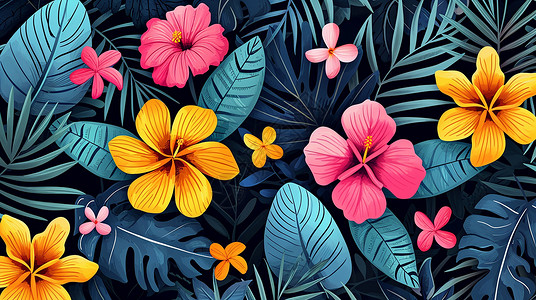 扁平分卡通植物与花朵小清新卡通背景背景图片