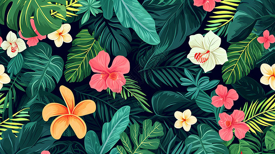 彩色装饰画唯美漂亮的卡通绿植与花朵背景插画