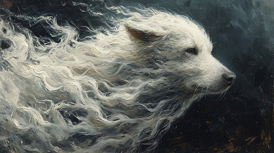 白色长毛游泳的卡通宠物狗油画风背景图片
