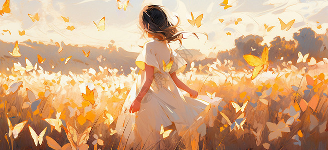 穿白色长裙的卡通女孩背影与飞舞的卡通蝴蝶背景图片