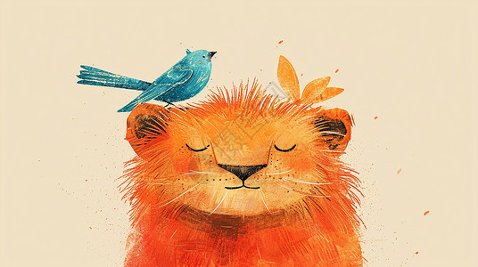 一只蓝色可爱的卡通小鸟落在狮子头上背景图片