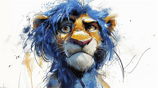 沧桑蓝色毛发卡通小狮子插画背景图片