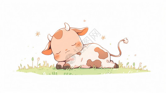 可爱的卡通小奶牛趴在草地上睡觉背景图片