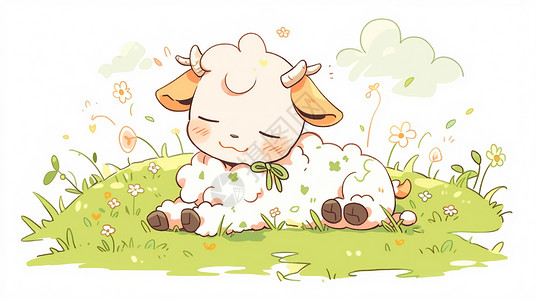 在草地上休息的可爱卡通小牛儿童插画背景图片