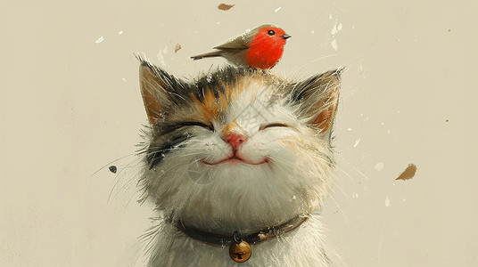 脖子上系着铃铛的可爱卡通小猫头顶上一只小小卡通他鸟插画
