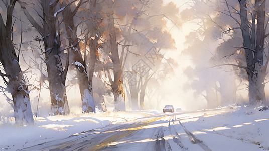 冬天雪后高大的树下一条小路上行驶着两辆小汽车背景图片