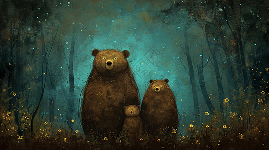 夜晚在森林中欣赏风景的三只可爱的卡通小熊背景图片