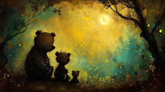 梦幻复古风卡通插画坐在树下的三只可爱的卡通小熊背景图片