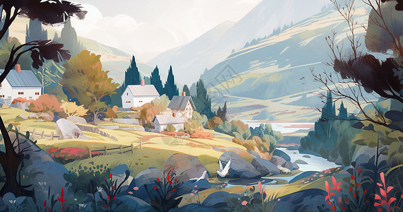 山中小河旁一座美丽的小村庄背景图片
