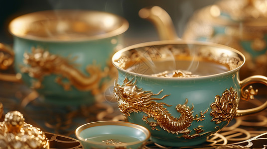 立体金黄色龙雕花茶杯热热的茶背景图片