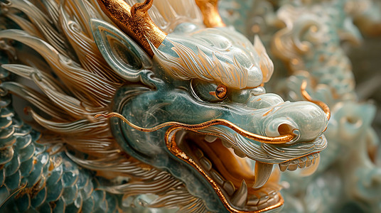 中国浮雕金色角立体玉石雕塑龙形象插画