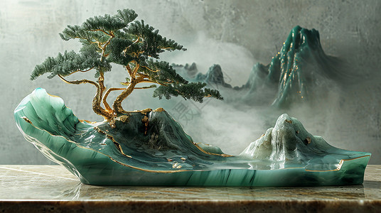 一个块玉石上一棵古松树立体卡通盆景背景图片