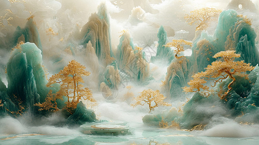 唯美梦幻的古风玉石山川上几棵金色古松背景图片